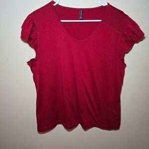 Pretty Fashion Red Ruffle Sleeve V-Neck Top Casual Summer Blouse-‎ Size Large